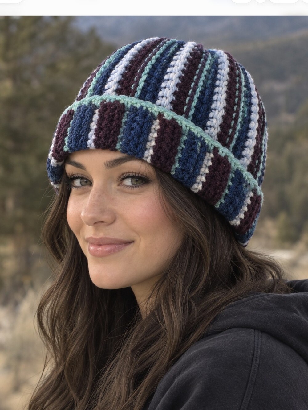 Handmade Crochet Beanie Cap Purple Teal Blue Striped Hand Knit OS Winter Fashion